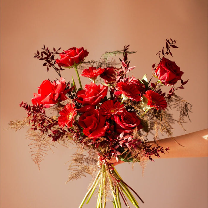 Roses and Gerberas Deep Love Bouquet – Red Hand-Tied | Bambi - Bambi