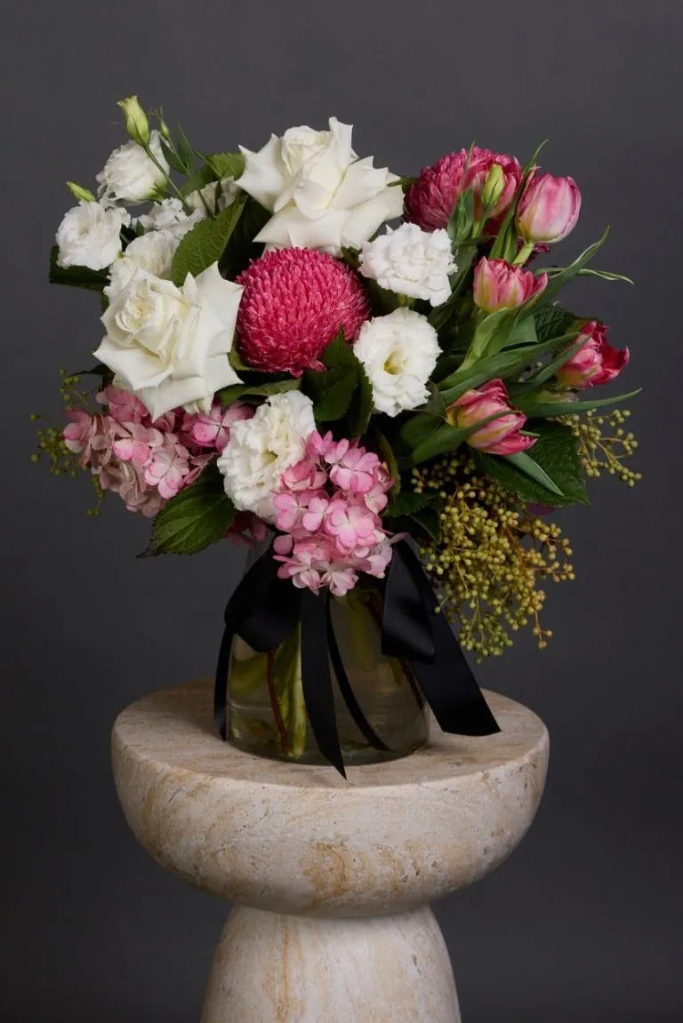 Pink & White Seasonal Vase Arrangement Dubai | Fresh Mixed Roses in Glass Vase - Bambi