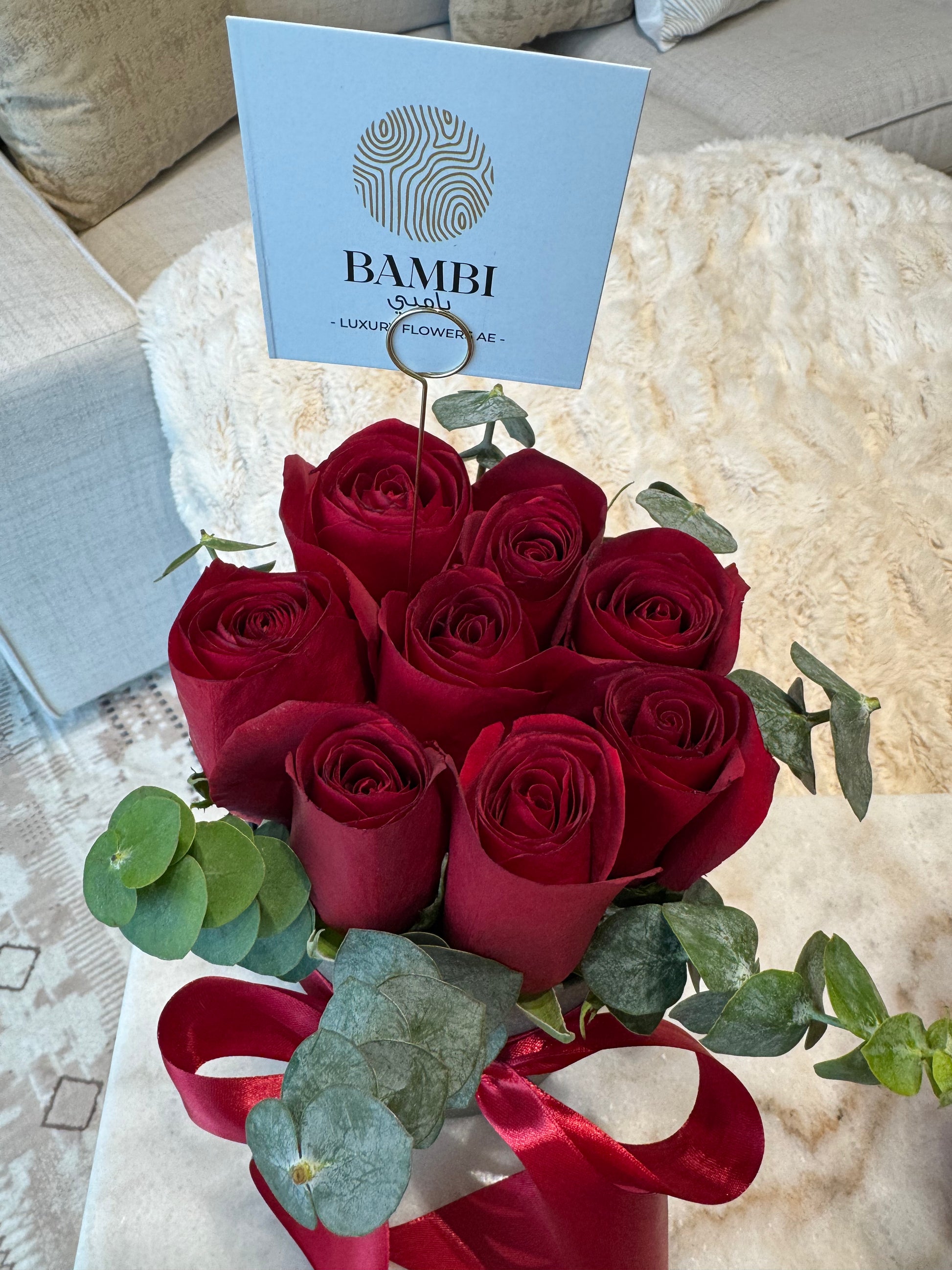 Velour - 8 Premium Red Roses in a Hat Box - Bambi