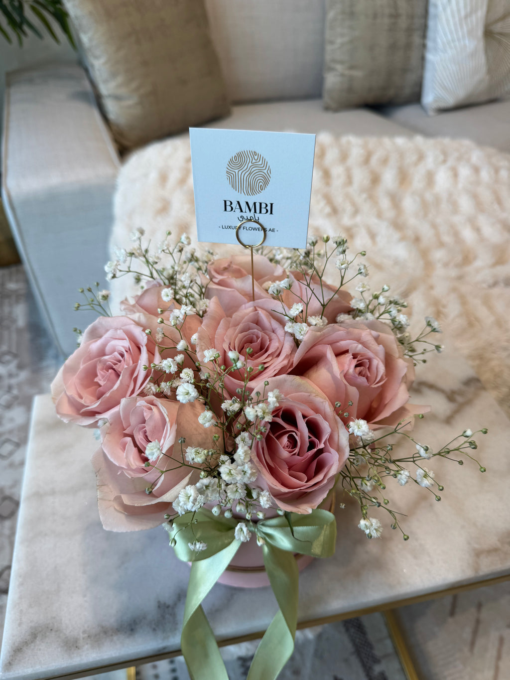 Ivory - 8 Pink Roses & Babies Breath in a Hat Box - Bambi