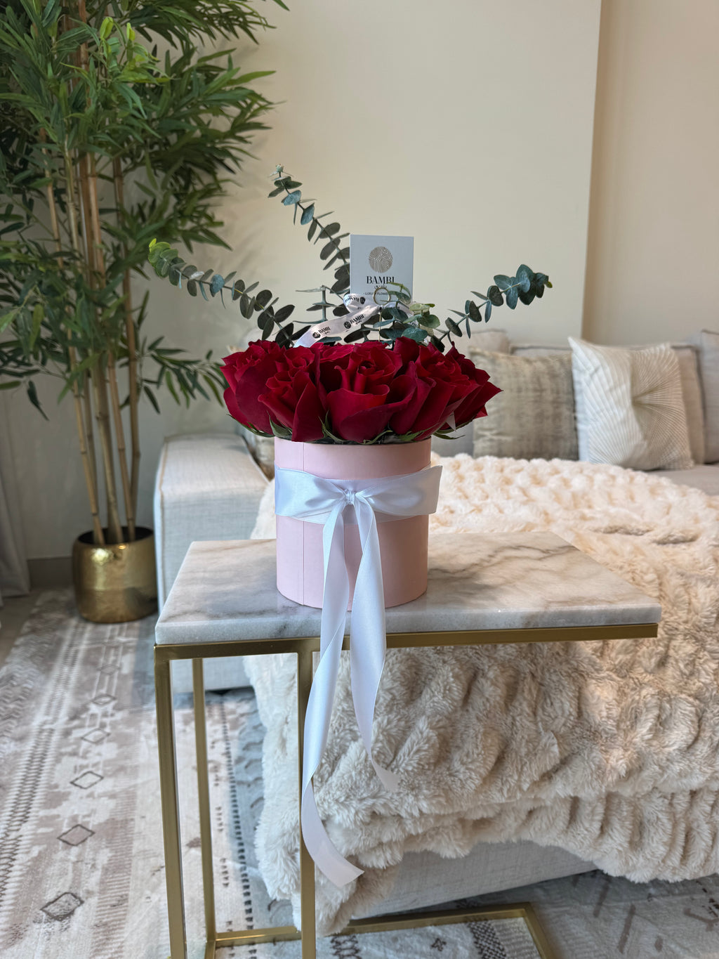 Serene - 15 Red Reflexed Roses and Eucalyptus Box - Bambi