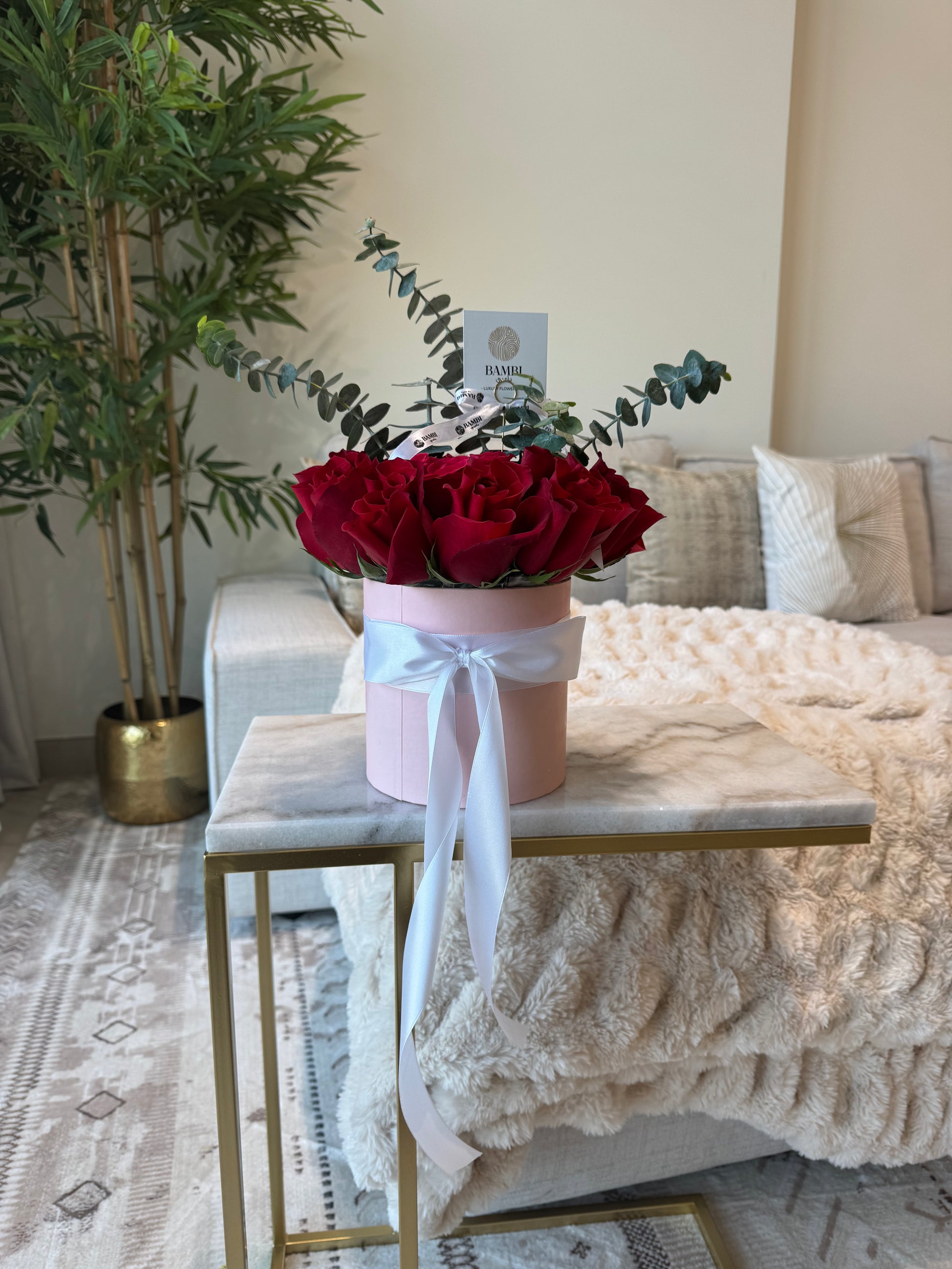 Serene - 15 Red Reflexed Roses and Eucalyptus Box - Bambi