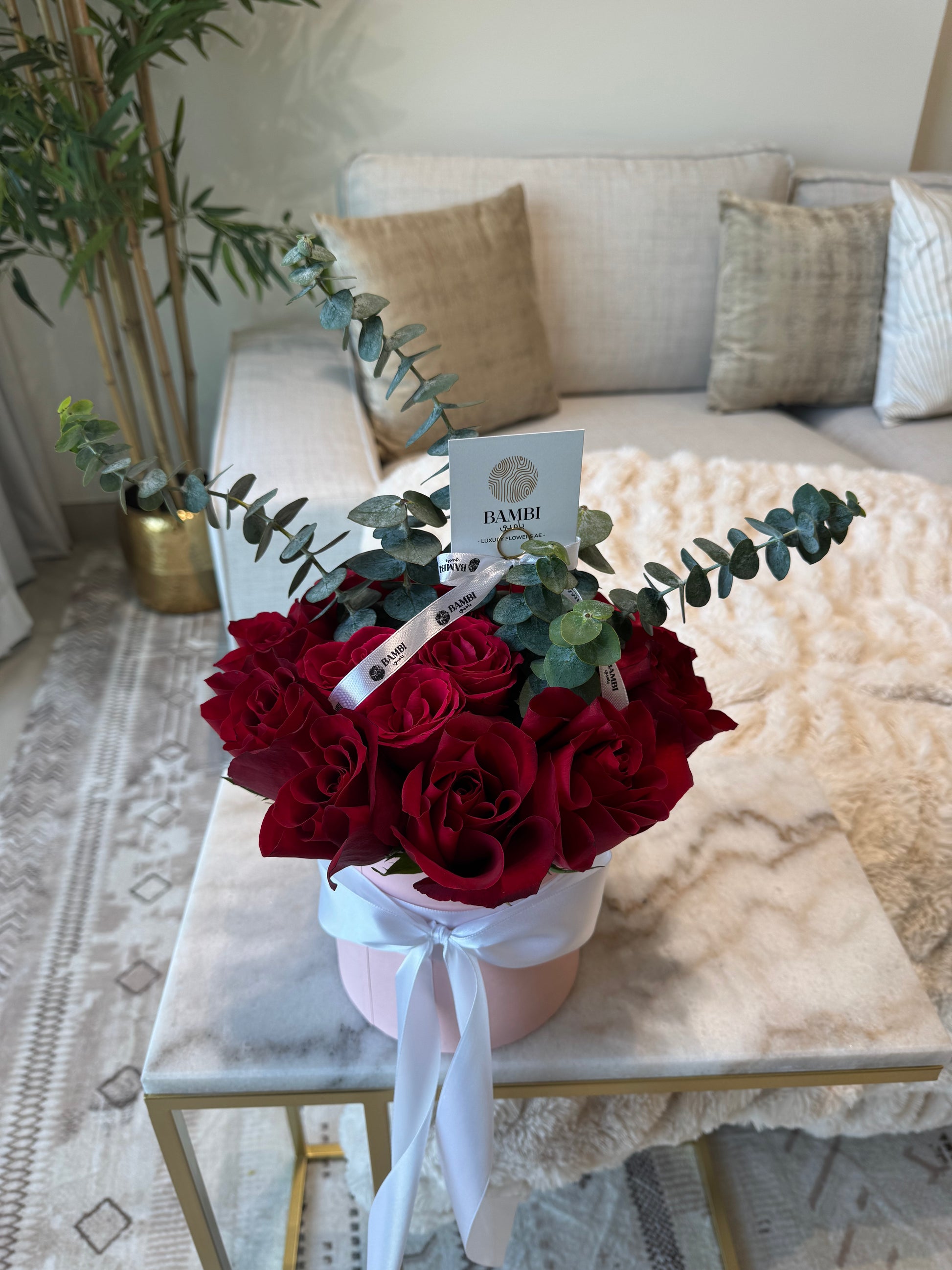 Serene - 15 Red Reflexed Roses and Eucalyptus Box - Bambi