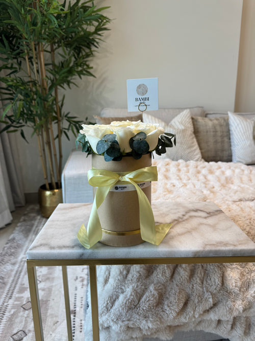 Aurora - 9 White Roses and Eucalyptus Hat Box - Bambi