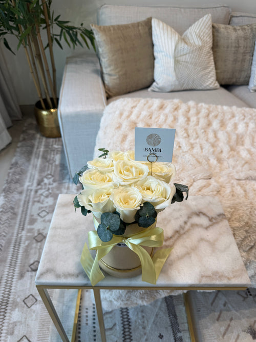 Aurora - 9 White Roses and Eucalyptus Hat Box - Bambi