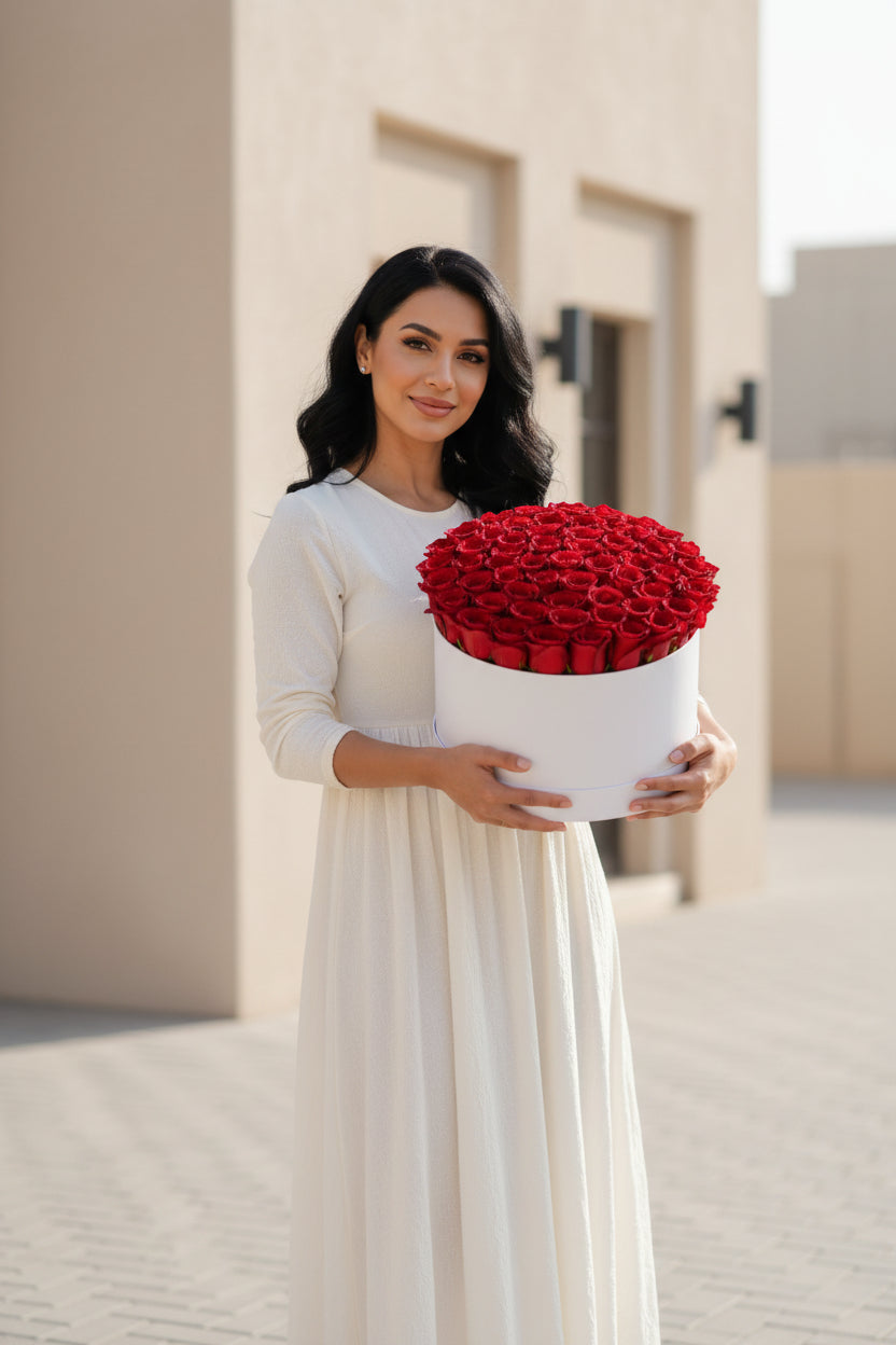 Woman holding a large bouquet of red flowers in an outdoor setting