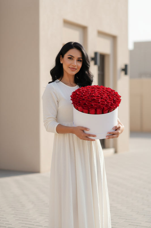 Woman holding a large bouquet of red flowers in an outdoor setting