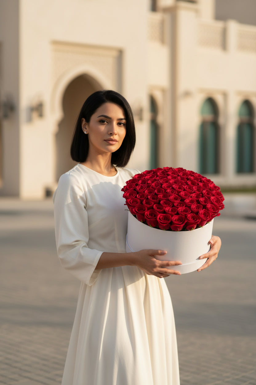 Woman holding a large box of red roses in front of a building.
