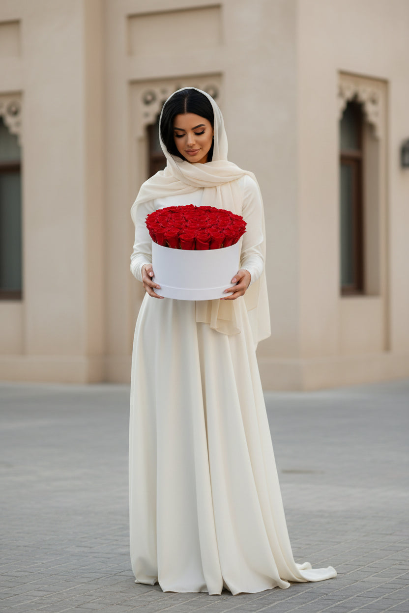 Woman in a white dress holding a box of red roses against a beige building background