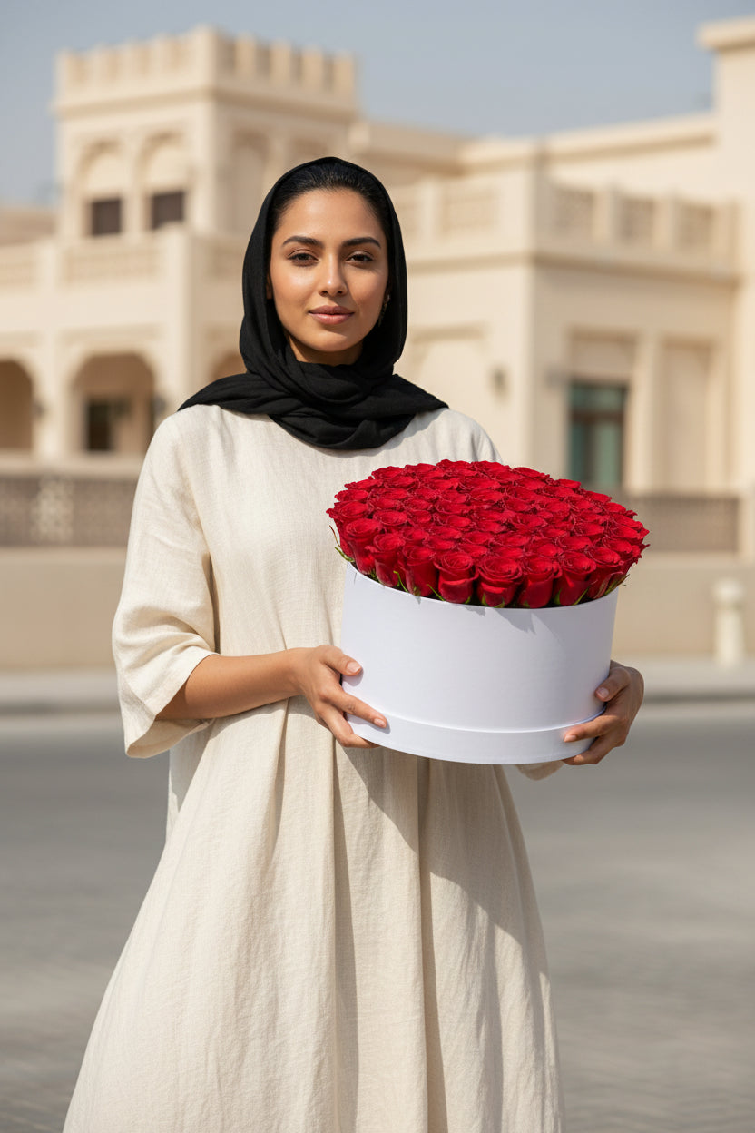 Woman holding a large box of red roses in front of a building