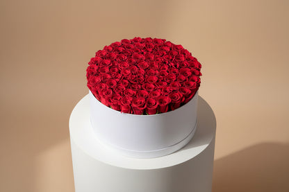 White round box filled with red roses on a beige background