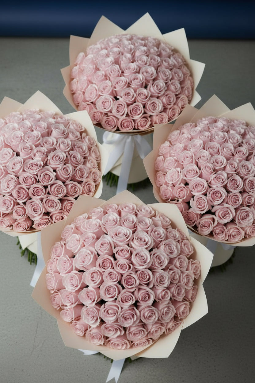 Pink room set with five 51 pink rose bouquets and four heart foil balloons