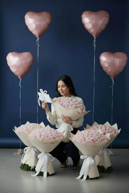 Pink room set with five 51 pink rose bouquets and four heart foil balloons