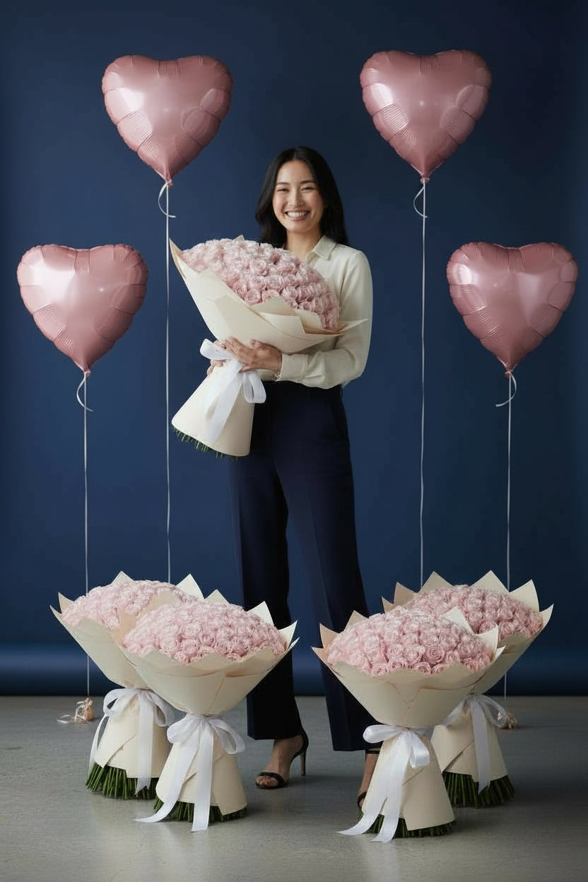 Pink room set with five 51 pink rose bouquets and four heart foil balloons