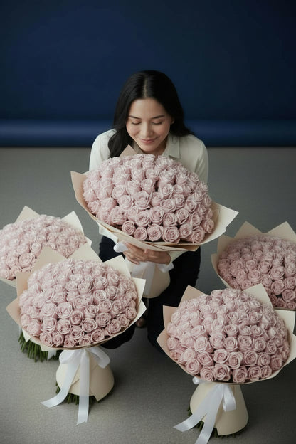 Pink room set with five 51 pink rose bouquets and four heart foil balloons