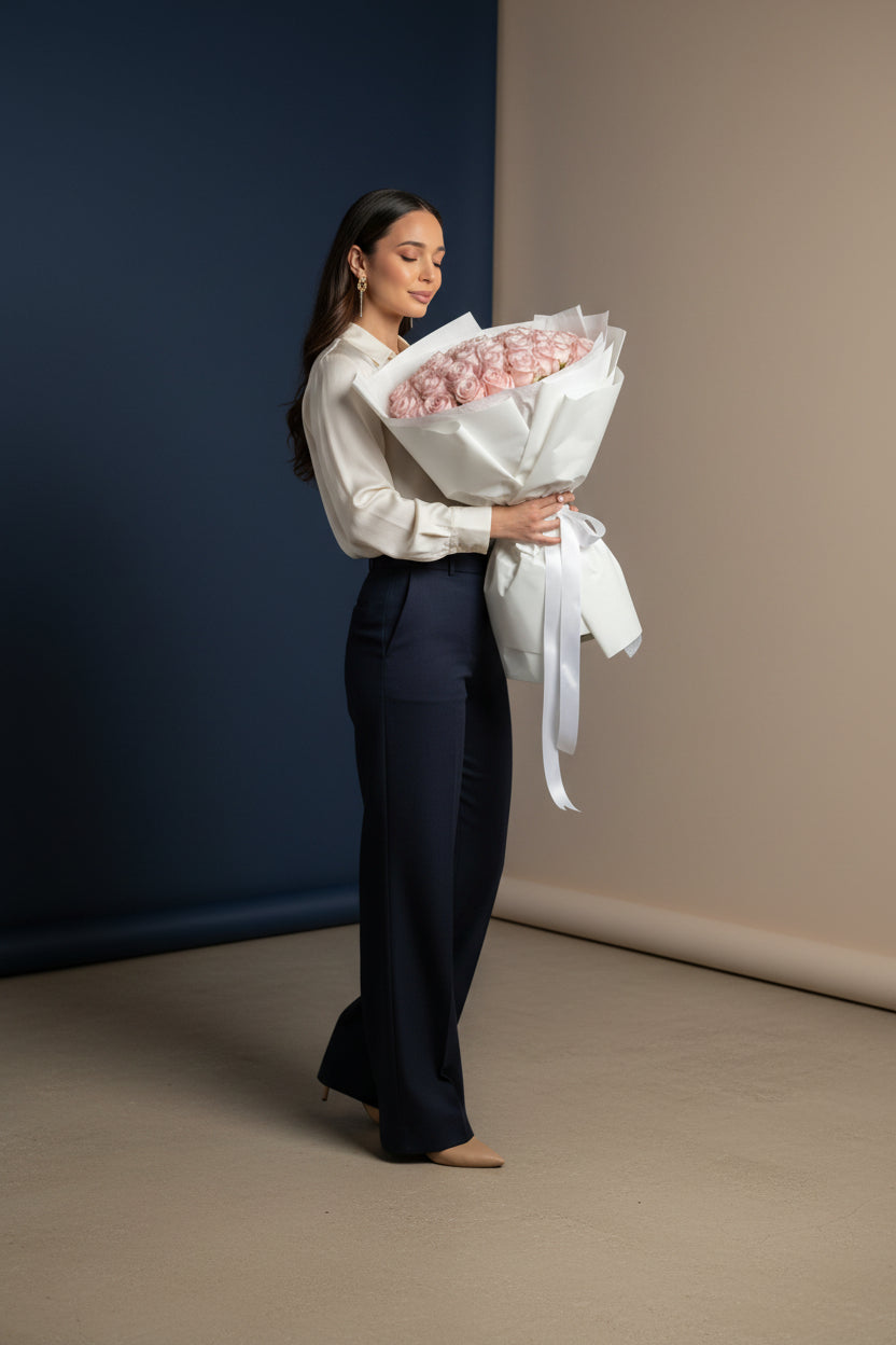 Woman holding a bouquet of flowers against a neutral background