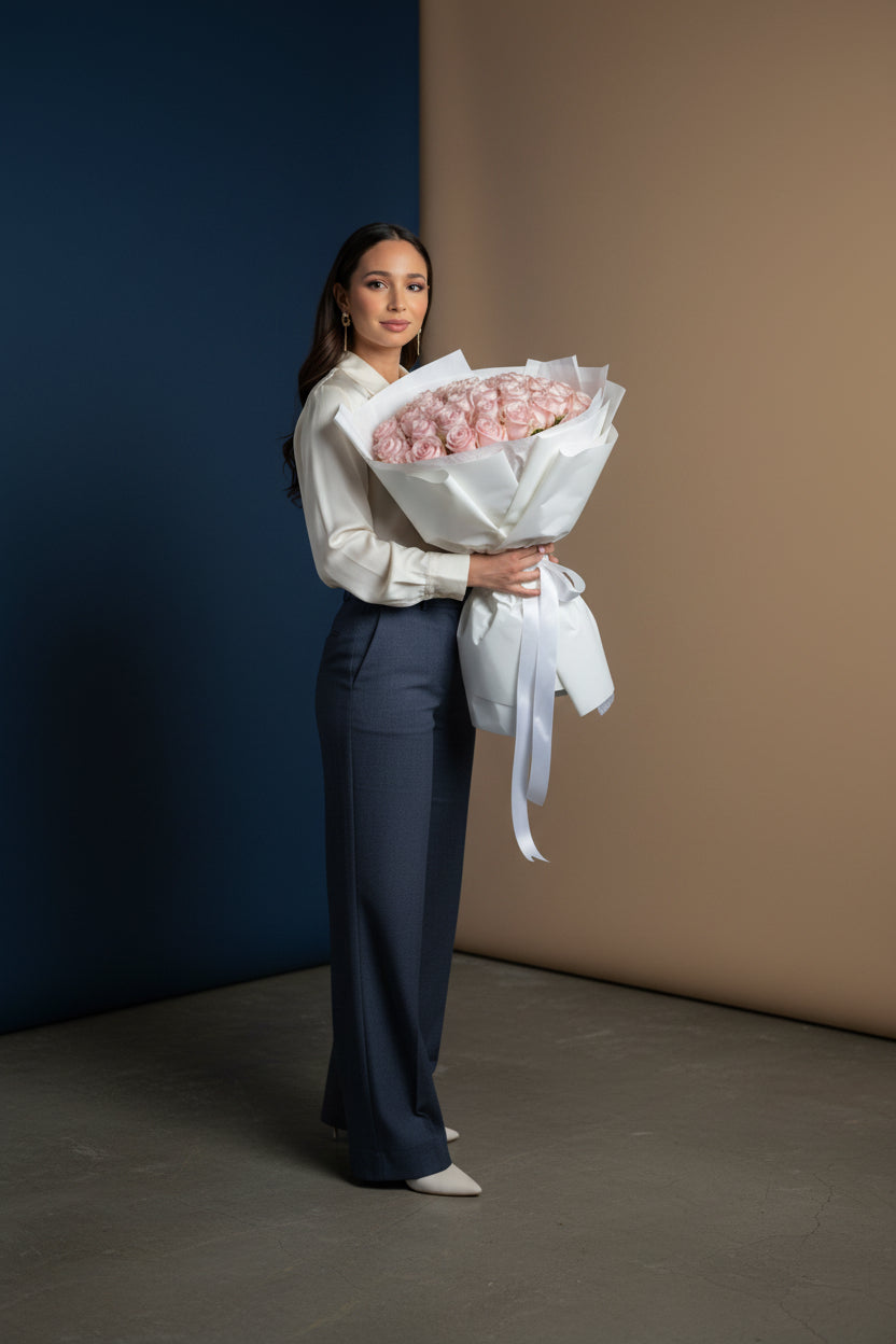 Woman holding a bouquet of pink roses against a neutral background