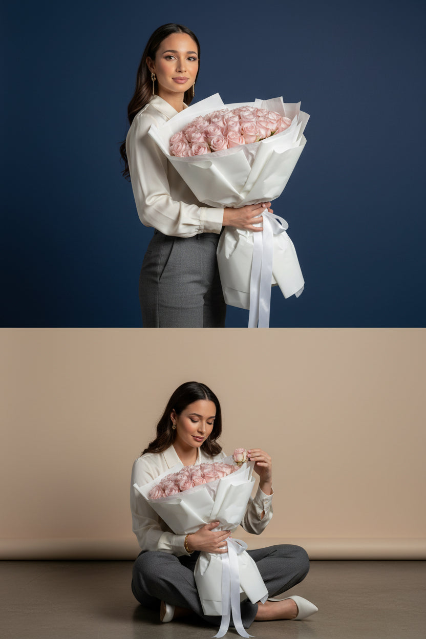 Woman holding a bouquet of pink roses against a blue background, then sitting on the floor with a beige background.