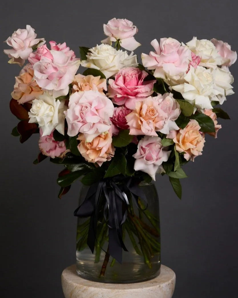 Pastel Reflexed Roses in Glass Vase Dubai | Elegant Mixed Pastel Roses Arrangement - Bambi