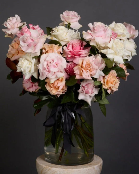 Pastel Reflexed Roses in Glass Vase Dubai | Elegant Mixed Pastel Roses Arrangement - Bambi