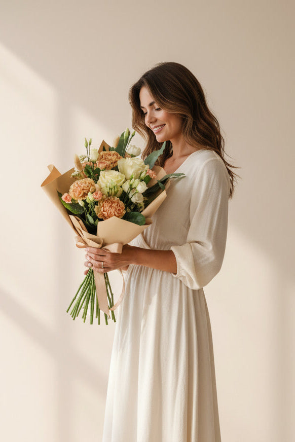 Woman in a white dress holding a bouquet of flowers in a softly lit room.