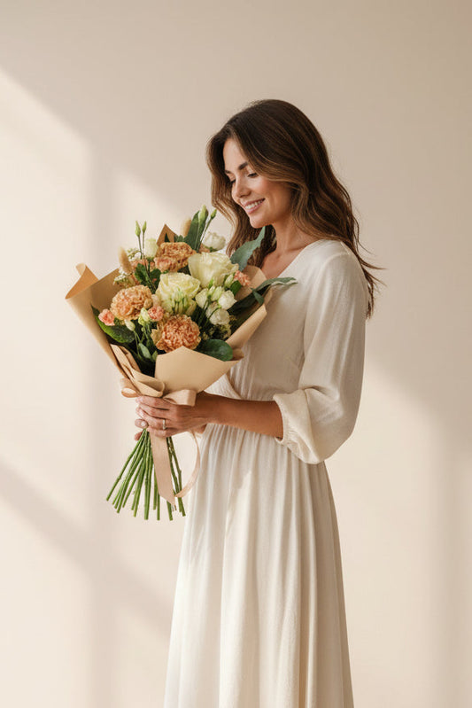 Woman in a white dress holding a bouquet of flowers in a softly lit room.