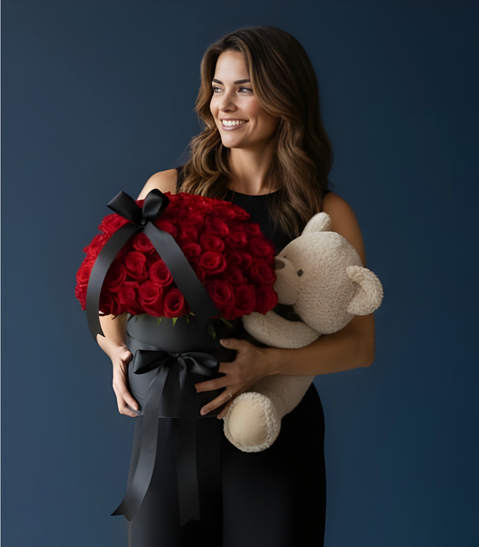 51 Red Roses Box with Teddy Bear