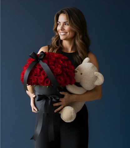 51 Red Roses Box with Teddy Bear