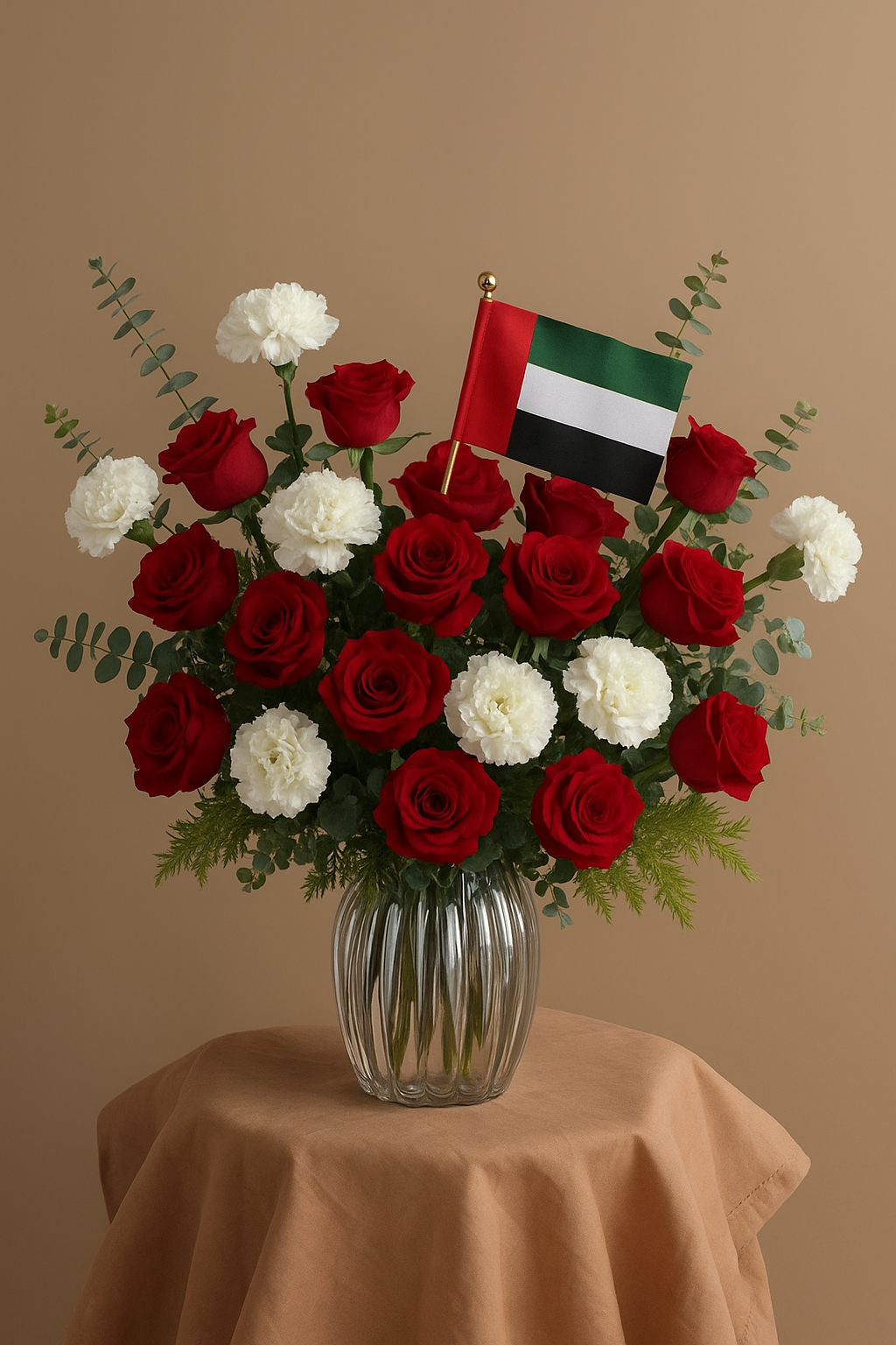 Vase with Red Rose, White Carnations and Eucalyptus for UAE  National Day