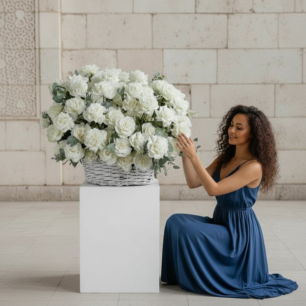 Woman in a blue dress holding a large arrangement of white flowers against a light stone wall.