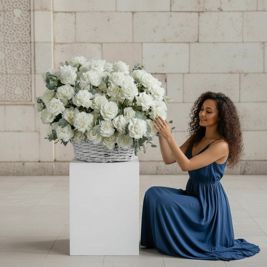 Woman in a blue dress holding a large arrangement of white flowers against a light stone wall.