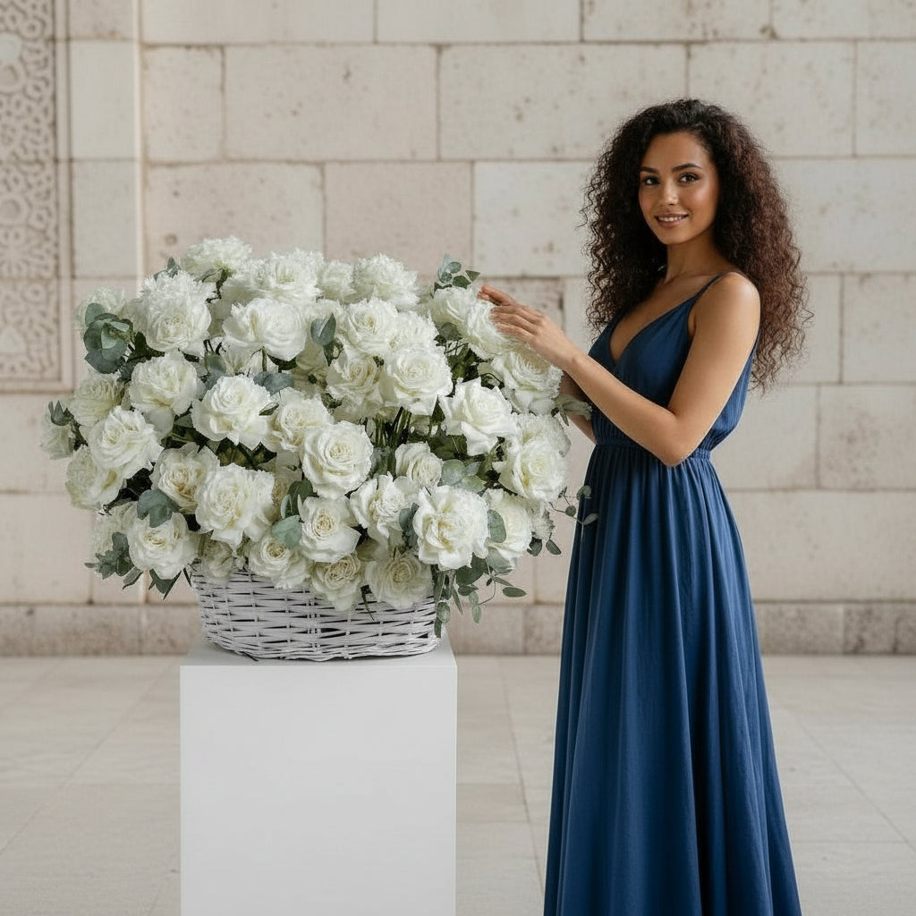 Woman in a blue dress holding a large arrangement of white flowers in a room with a tiled wall.