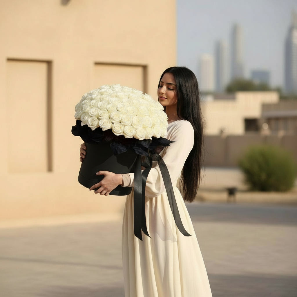 Woman holding a large bouquet of white flowers in an urban setting