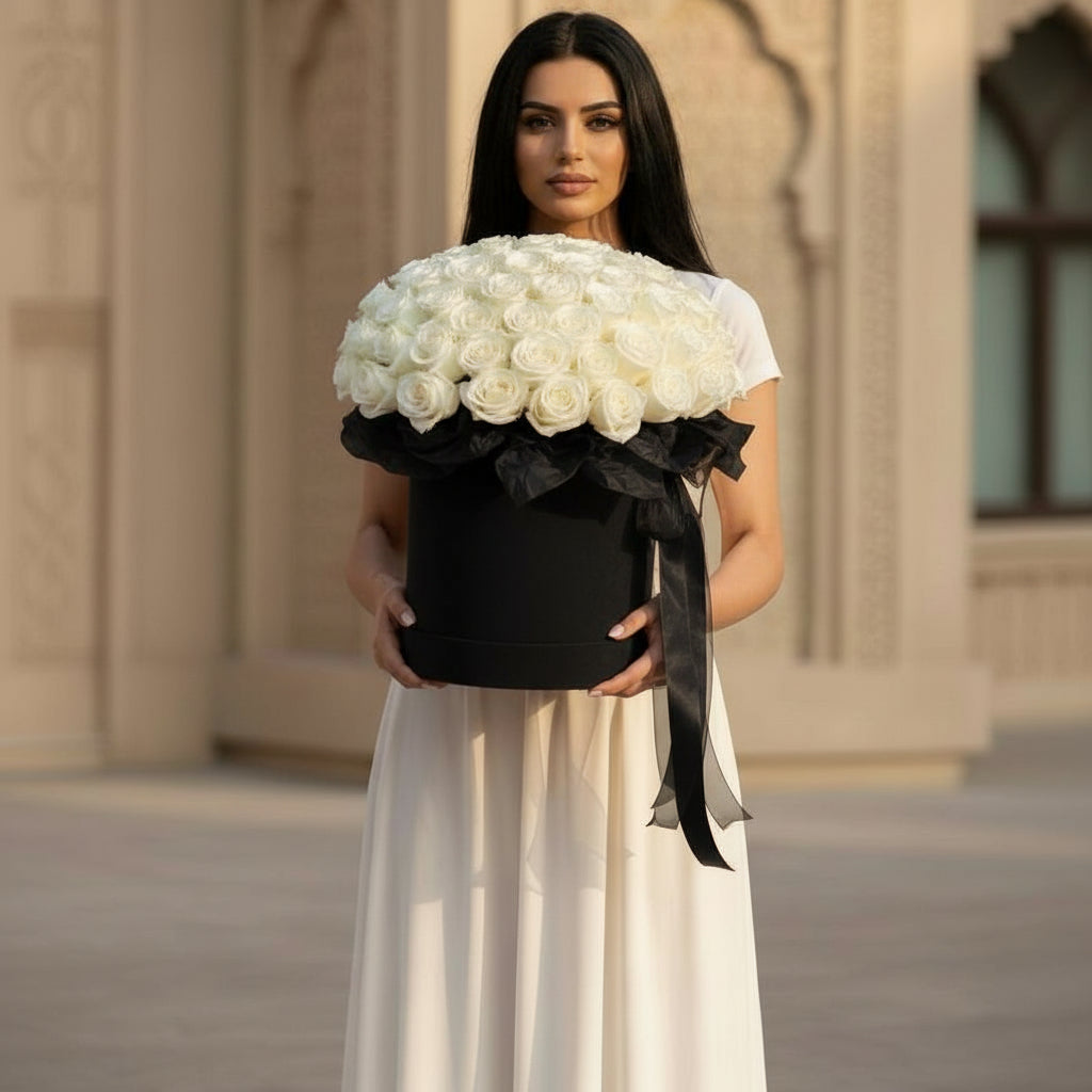 Woman holding a large black box filled with white roses against an architectural background