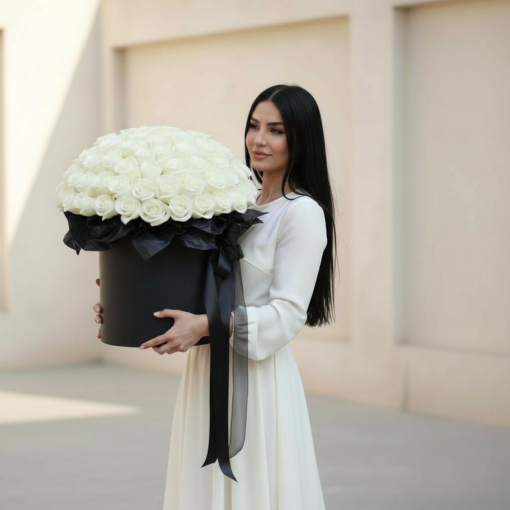 Woman holding a large black box of white roses against a neutral background