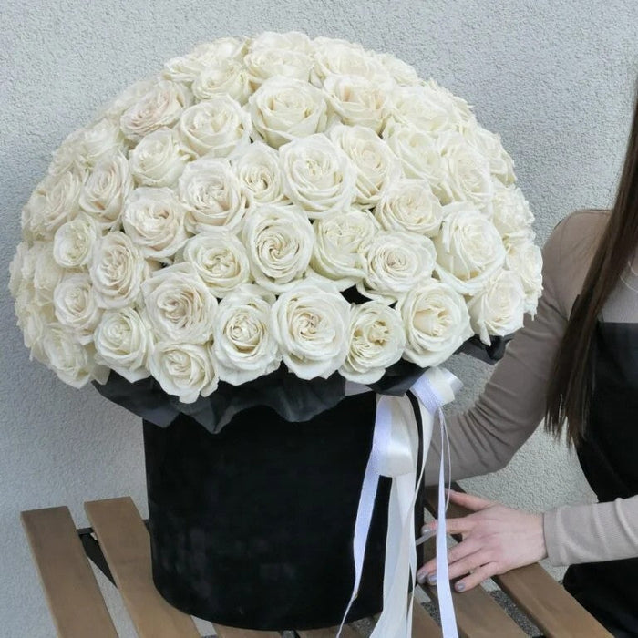 White Roses Hat Box Dubai | Luxury White Roses 101–301 Stems Arrangement 21