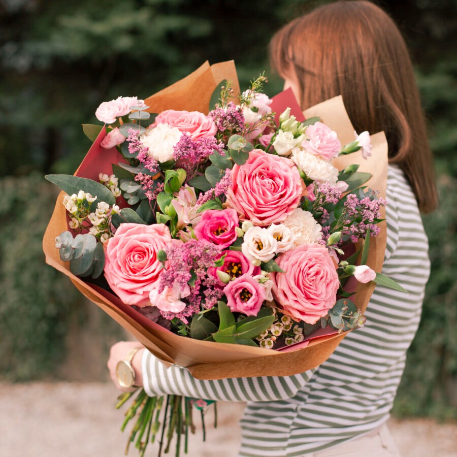 Roses and Lisianthus Summer Love Bouquet – Pink and White Hand-Tied | Bambi