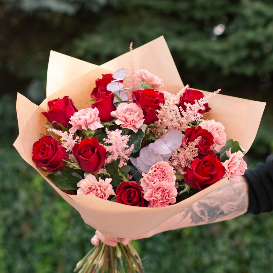 Roses and Carnations Noble Rose Bouquet – Red and Pink Hand-Tied | Bambi