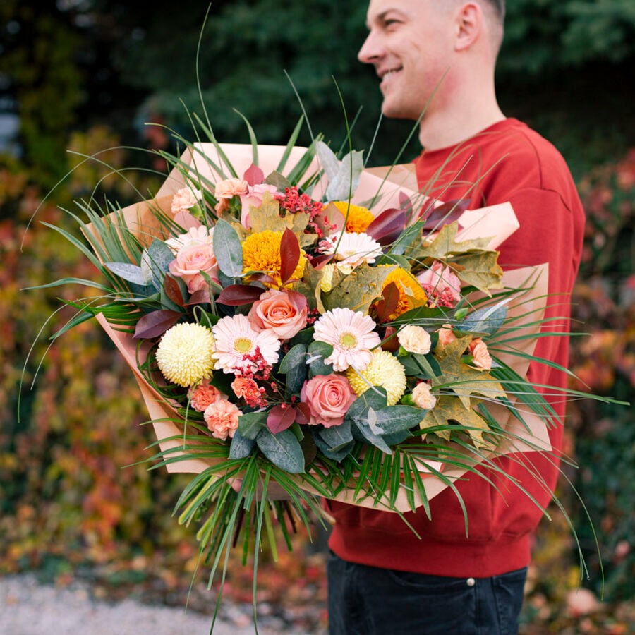 Roses and Gerberas Golden Bouquet – Autumn Tones Hand-Tied | Bambi