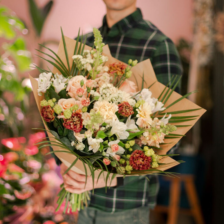 White & Red Seasonal Flowers Bouquet – Elegant Hand-Tied Bouquet | Bambi - Bambi