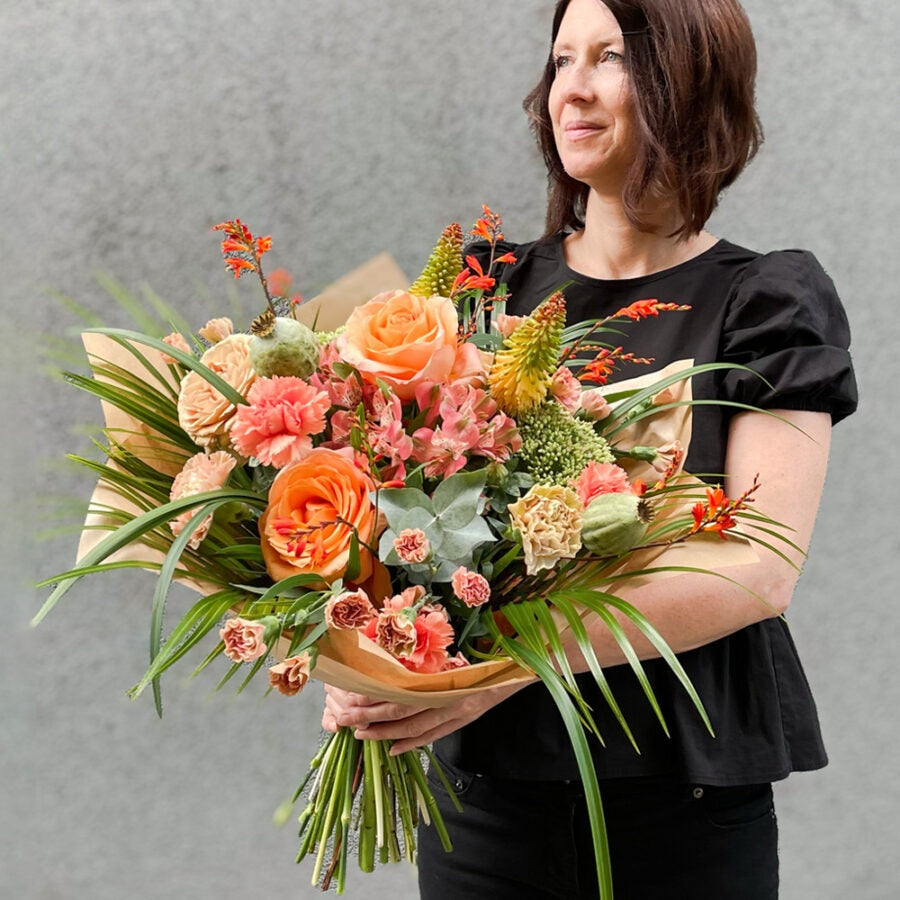 Roses and Carnations Amalfi Bouquet – Orange and Peach Hand-Tied | Bambi