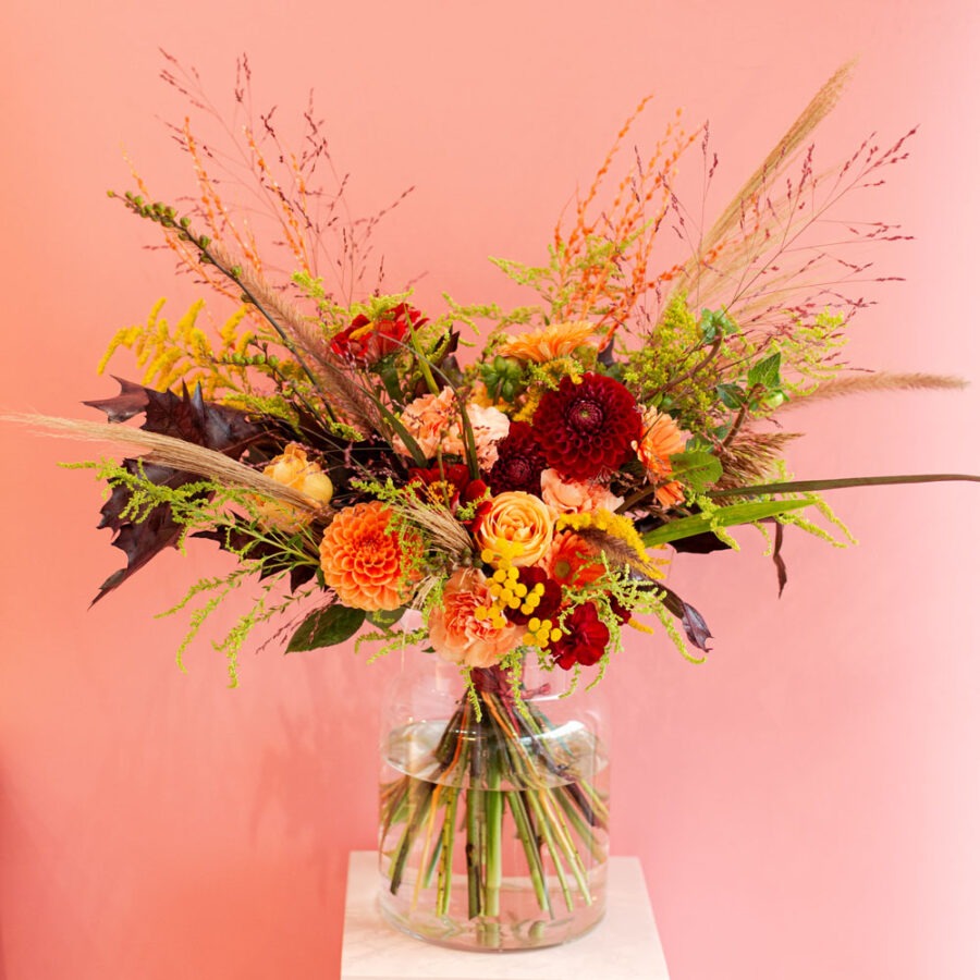 Dahlias and Roses Amber Autumn Bouquet – Warm Hand-Tied | Bambi