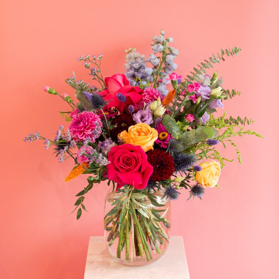 Roses and Mixed Seasonal Flowers Rainbow Bouquet – Colourful Hand-Tied | Bambi