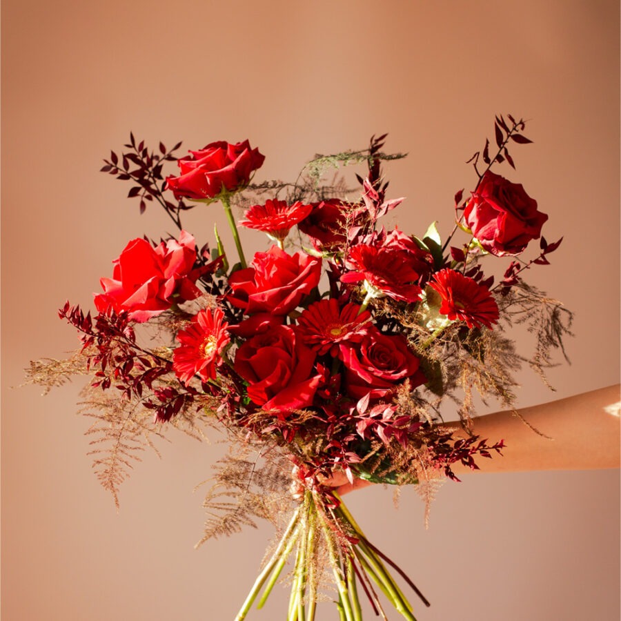 Roses and Gerberas Deep Love Bouquet – Red Hand-Tied | Bambi