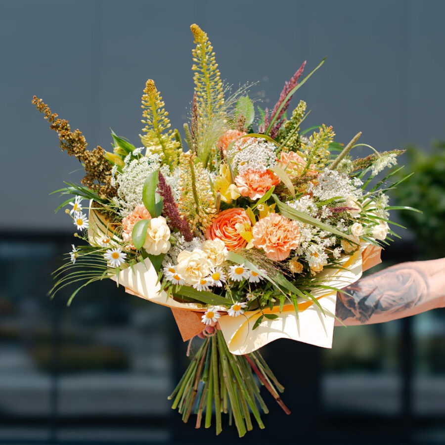 Roses and Gerberas Golden Bouquet – Autumn Tones Hand-Tied | Bambi