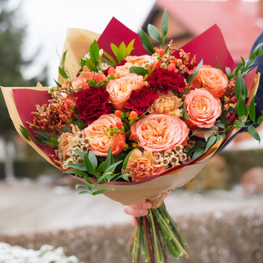 Roses and Carnations Be Mine Bouquet – Peach and Red Hand-Tied | Bambi