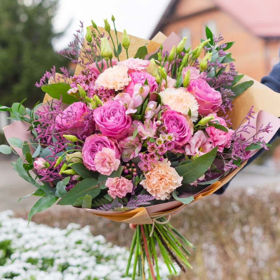 Roses and Lisianthus First Kiss Bouquet – Pink and Cream Hand-Tied | Bambi
