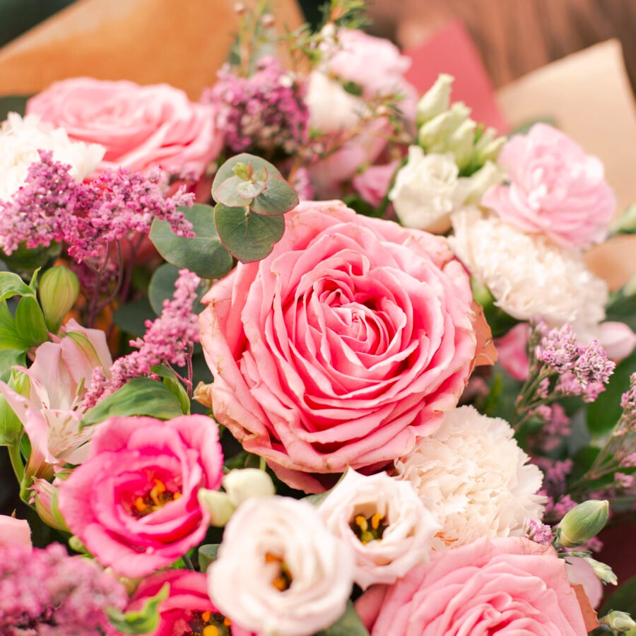 Roses and Lisianthus Summer Love Bouquet – Pink and White Hand-Tied | Bambi