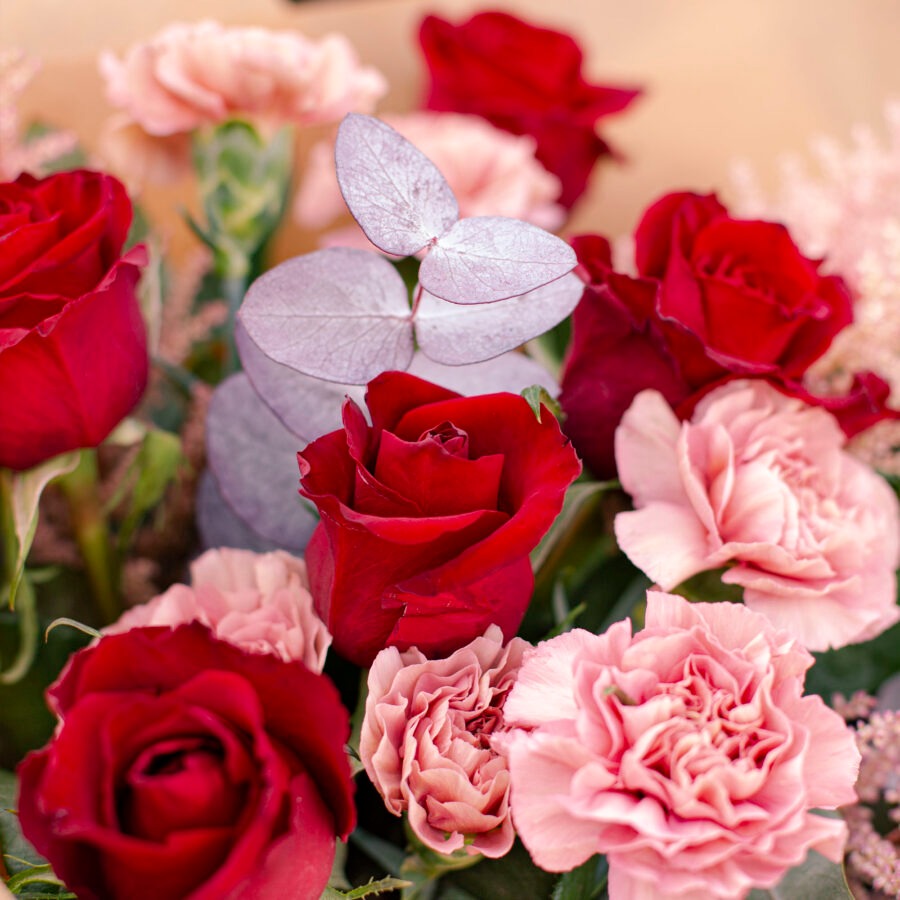 Roses and Carnations Noble Rose Bouquet – Red and Pink Hand-Tied | Bambi