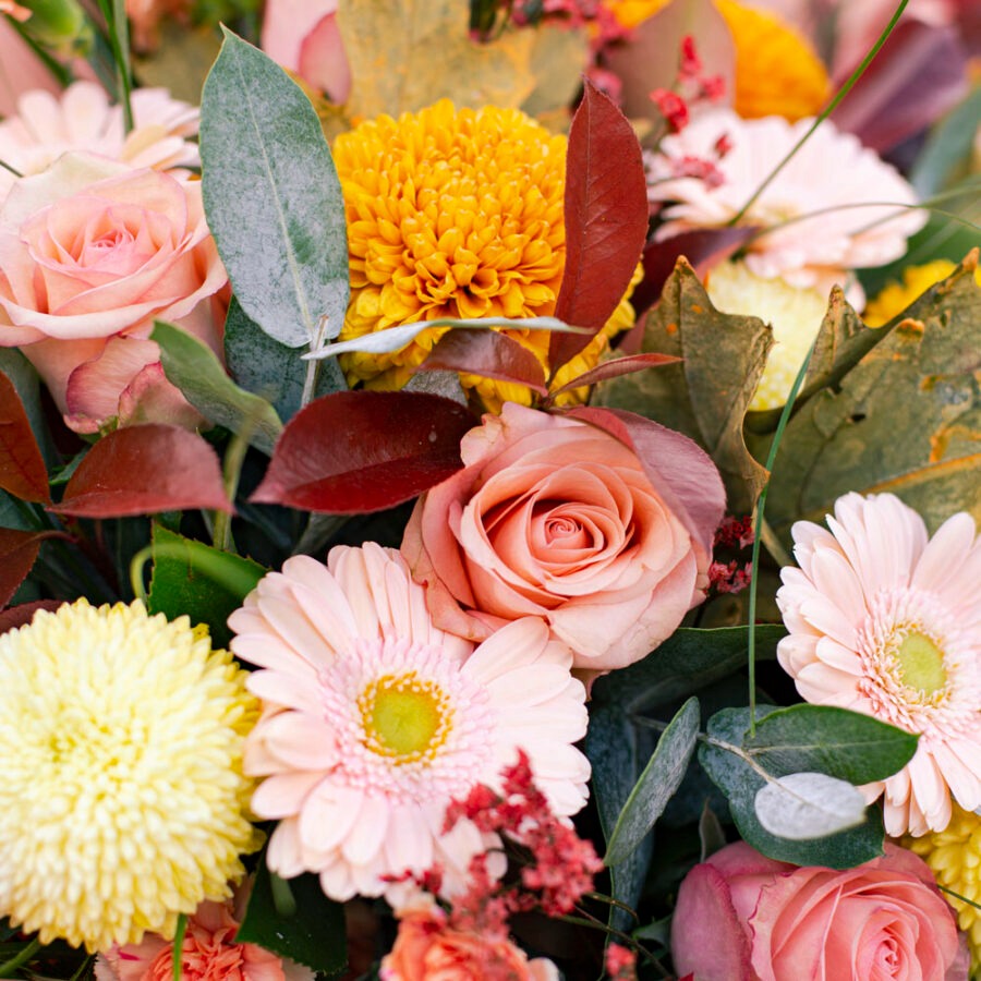 Roses and Gerberas Golden Bouquet – Autumn Tones Hand-Tied | Bambi